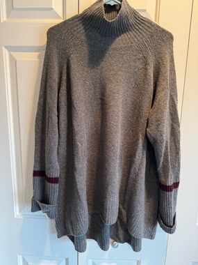 Halogen Gray Turtleneck Sweater with Burgundy Sleeve Stripes